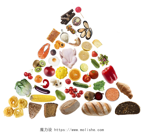 白色背景上各种各样的食物堆成的金字塔个人营养师推荐概念